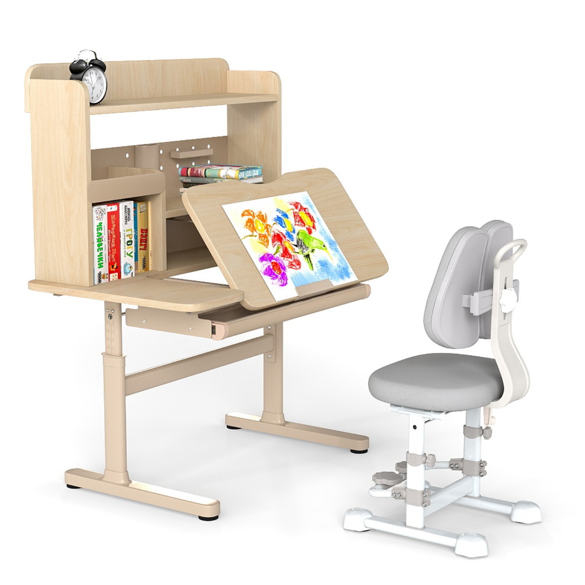 Kinderschreibtisch mit Kinderstuhl Schülerschreibtisch ergonomischer Kinderschreibtischstuhl Natur + Grau Kinderschreibtisch mit Kinderstuhl Schülerschreibtisch ergonomischer Kinderschreibtischstuhl Natur + Grau von Costway