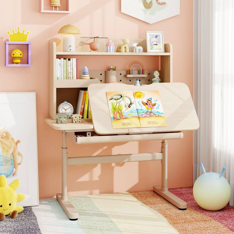 Kinderschreibtisch mit Regal & Schublade höhenverstellbarer Schülerschreibtisch mit neigbarer Tischplatte Natur von Costway