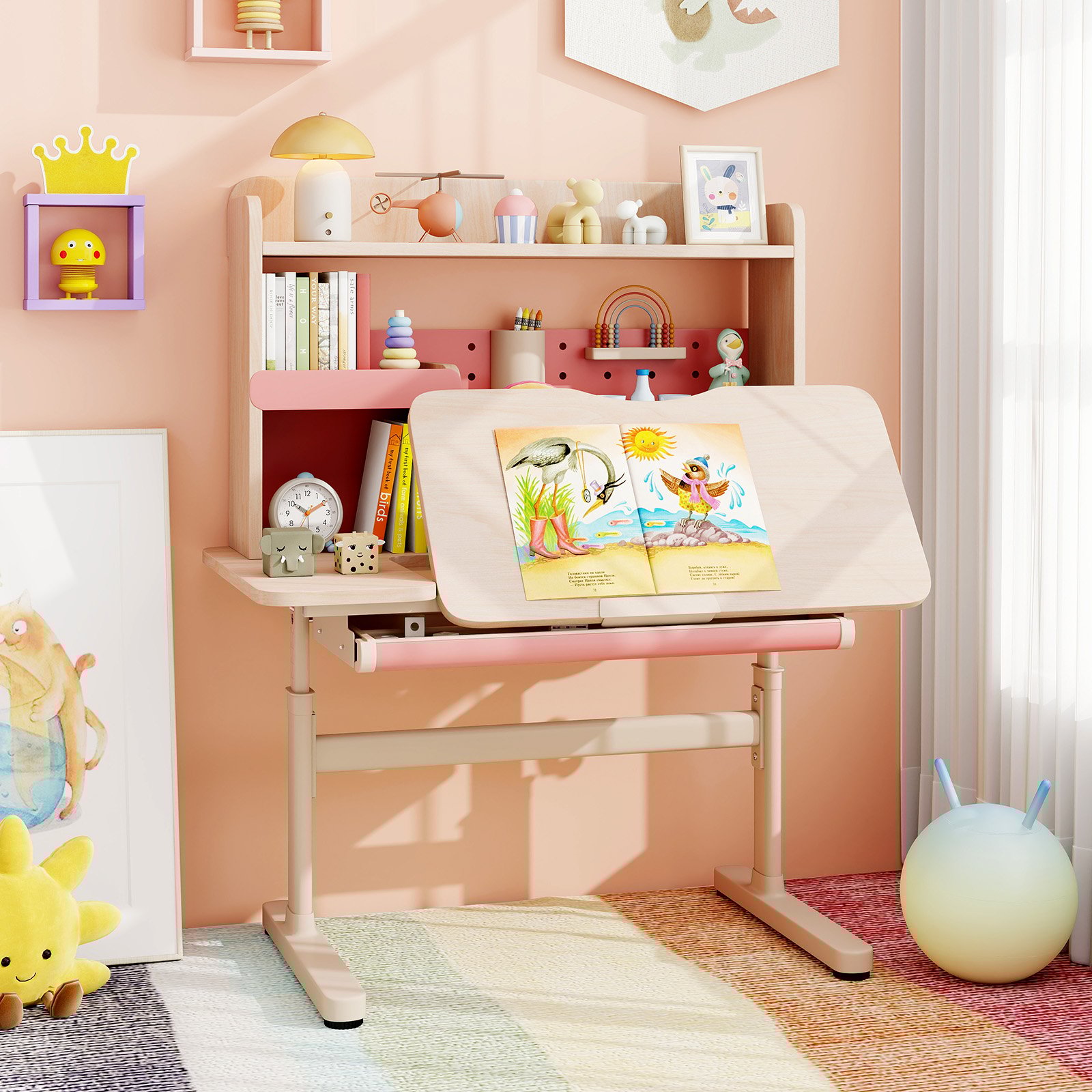 Kinderschreibtisch mit Regal & Schublade höhenverstellbarer Schülerschreibtisch mit neigbarer Tischplatte Rosa von Costway