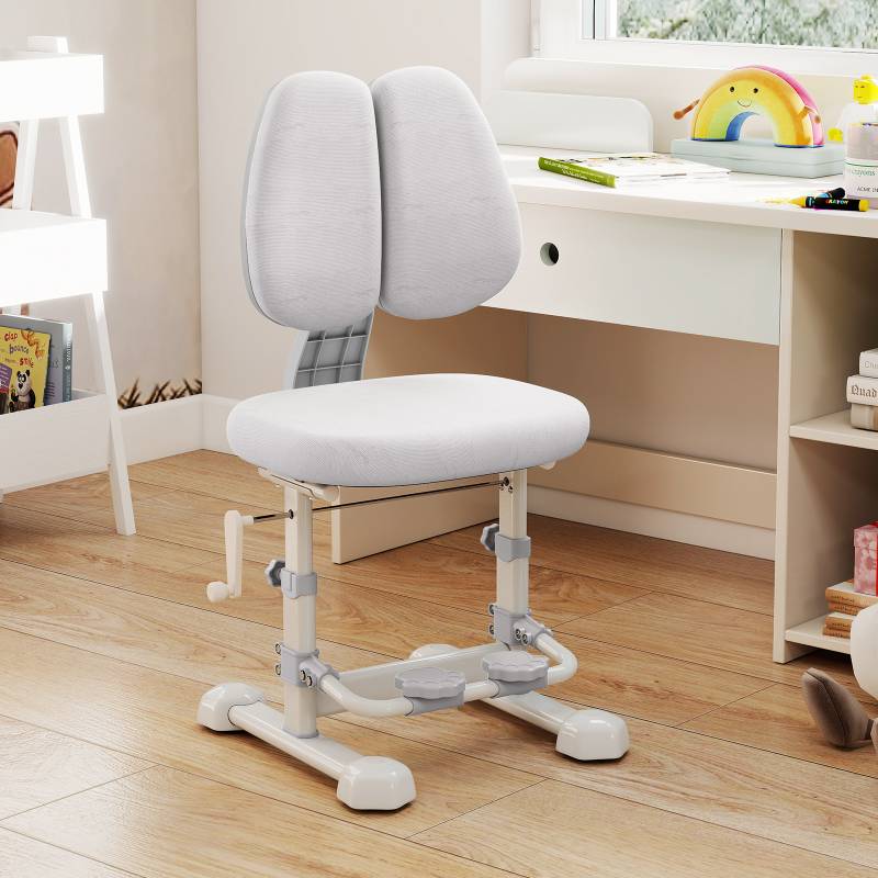 Kinderschreibtischstuhl ergonomischer Kinderstuhl mit verstellbarer Doppelrückenlehne Fußstütze Sitzhöhe Grau von Costway