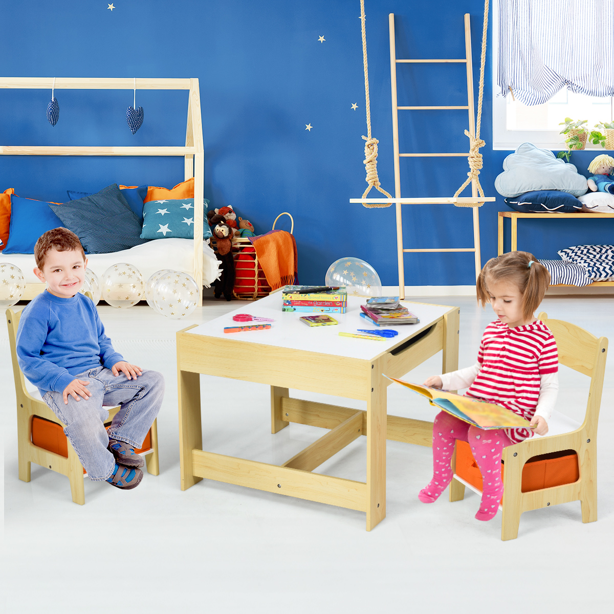 Kindersitzgruppe 3 tlg. Kindermöbel Kinderstuhl & Tisch Holz von Costway
