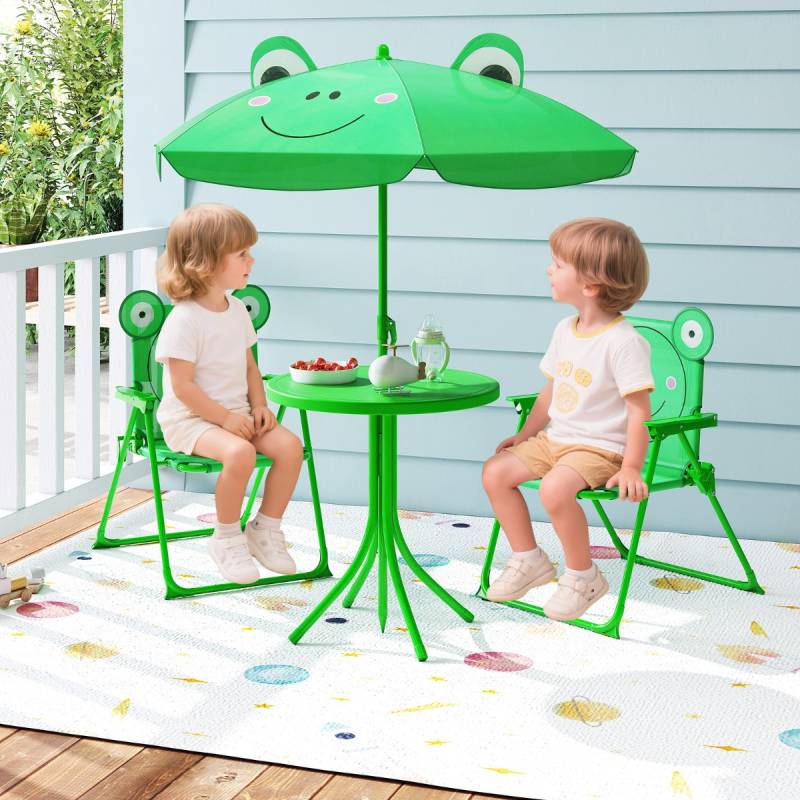 Kindersitzgruppe mit Sonnenschirm 4 Teilige Kindersitzgarnitur mit 2 Klappstühlen Sitzgruppe Grün von Costway