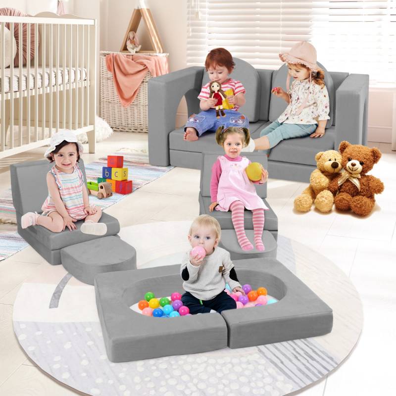 Kindersofa 8-teilig Spielsofa aus Schaumstoff Bausteine mit bequemem Wildlederstoff Grau von Costway