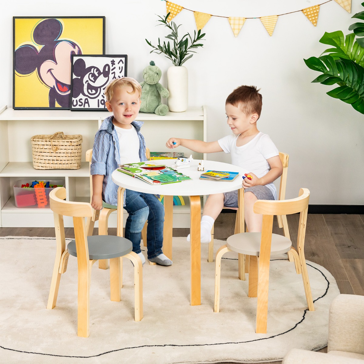 Kindertisch Holztisch mit 4 Stühlen für Kinder Kindertisch- und Stuhl-Set mit Rückenlehne Bunt von Costway