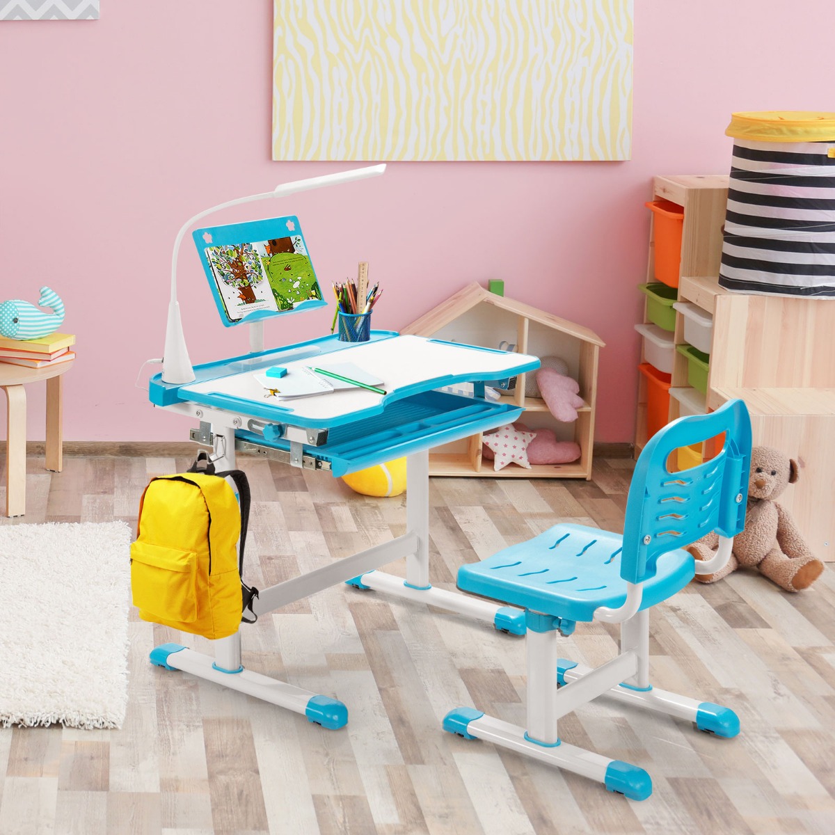 Kindertisch Kinderschreibtisch Set mit Bücherständer & LED-Licht für Jungs & Mädchen Blau von Costway