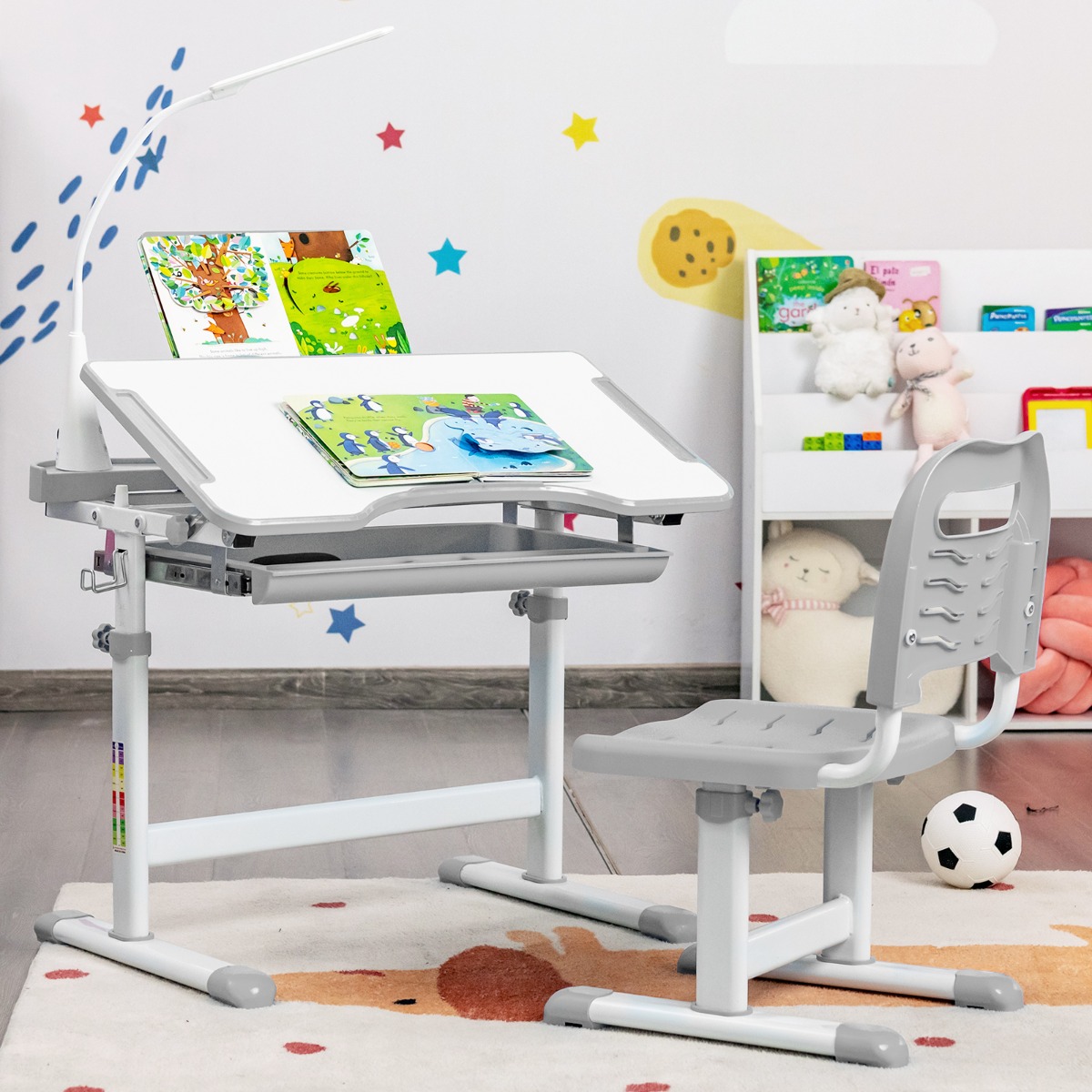 Kindertisch Kinderschreibtisch Set mit Bücherständer & LED-Licht für Jungs & Mädchen Grau Kindertisch Kinderschreibtisch Set mit Bücherständer & LED-Licht für Jungs & Mädchen Grau von Costway