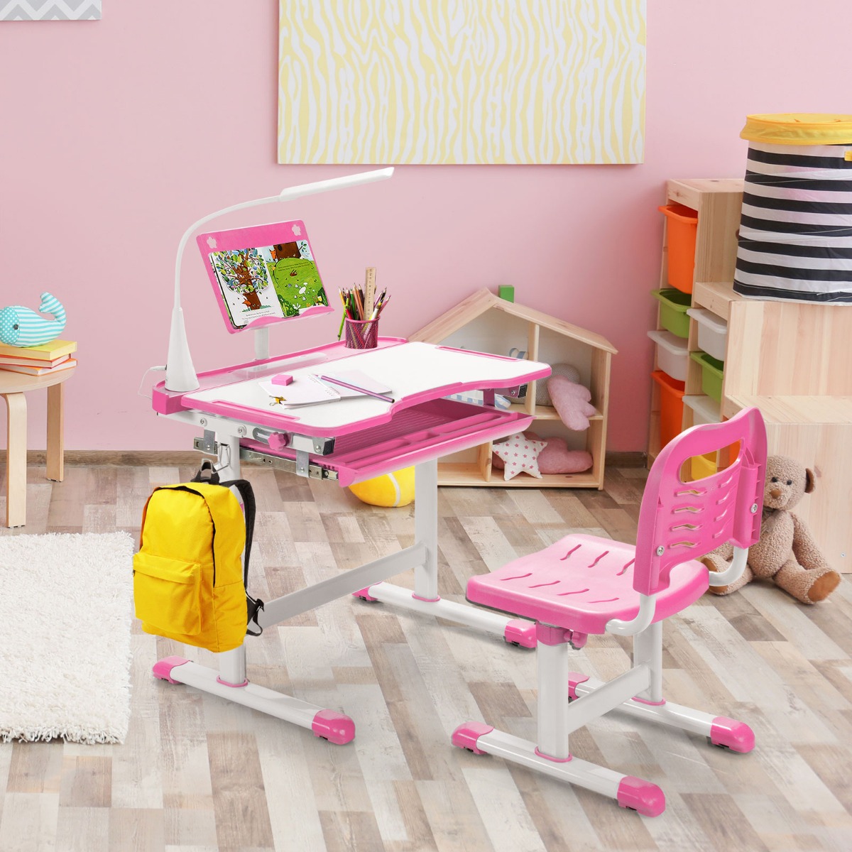 Kindertisch Kinderschreibtisch Set mit Bücherständer & LED-Licht für Jungs & Mädchen Rosa von Costway