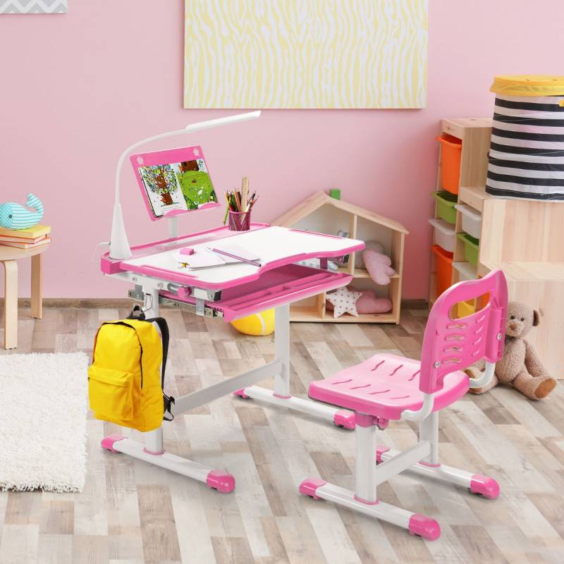 Kindertisch Kinderschreibtisch Set mit Bücherständer & LED-Licht für Jungs & Mädchen Rosa von Costway