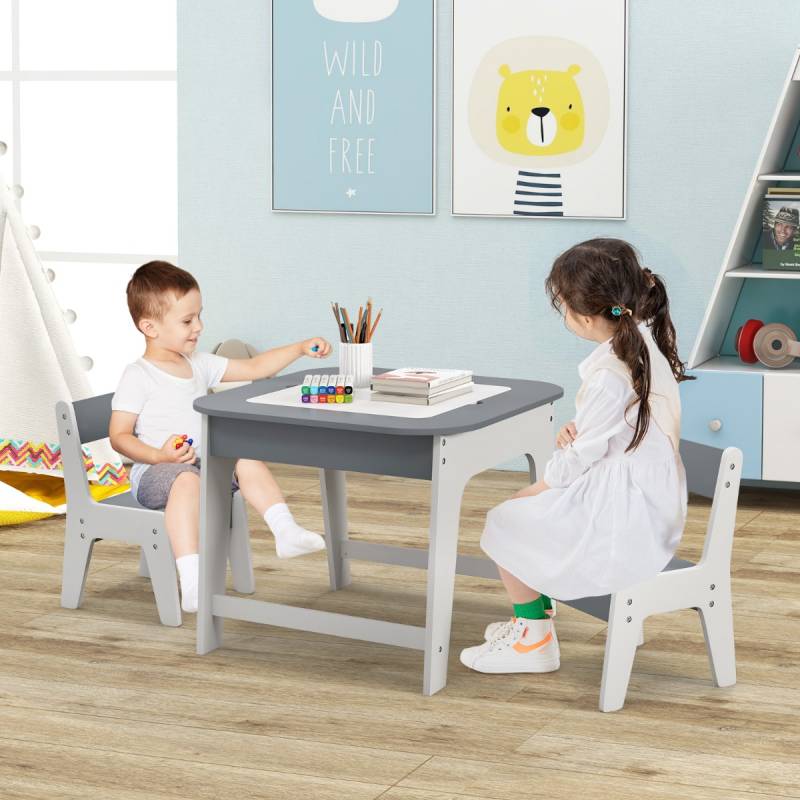 Kindertisch mit 2 Stühlen 3 TLG Kindersitzgruppe Holz mit Doppelseitiger Tischplatte Grau von Costway