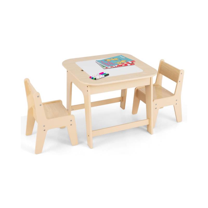 Kindertisch mit 2 Stühlen 3 TLG Kindersitzgruppe Holz mit Doppelseitiger Tischplatte Natur von Costway
