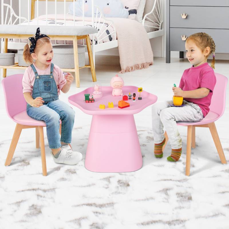Kindertisch mit 2 Stühlen 3 TLG. Kindersitzgruppe aus Buchenholz Kindersitzgarnitur Rosa von Costway