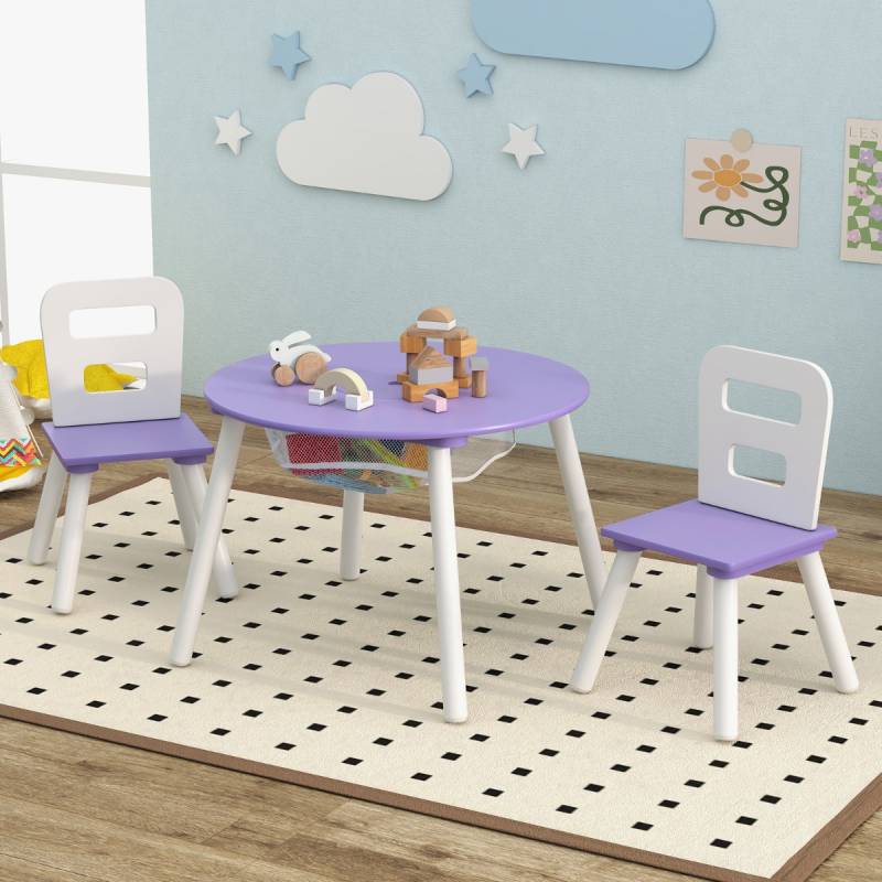 Kindertisch mit 2 Stühlen 3 TLG. Kindersitzgruppe aus Holz Kindersitzgarnitur mit Abnehmbarer Tischdeckel Lila von Costway
