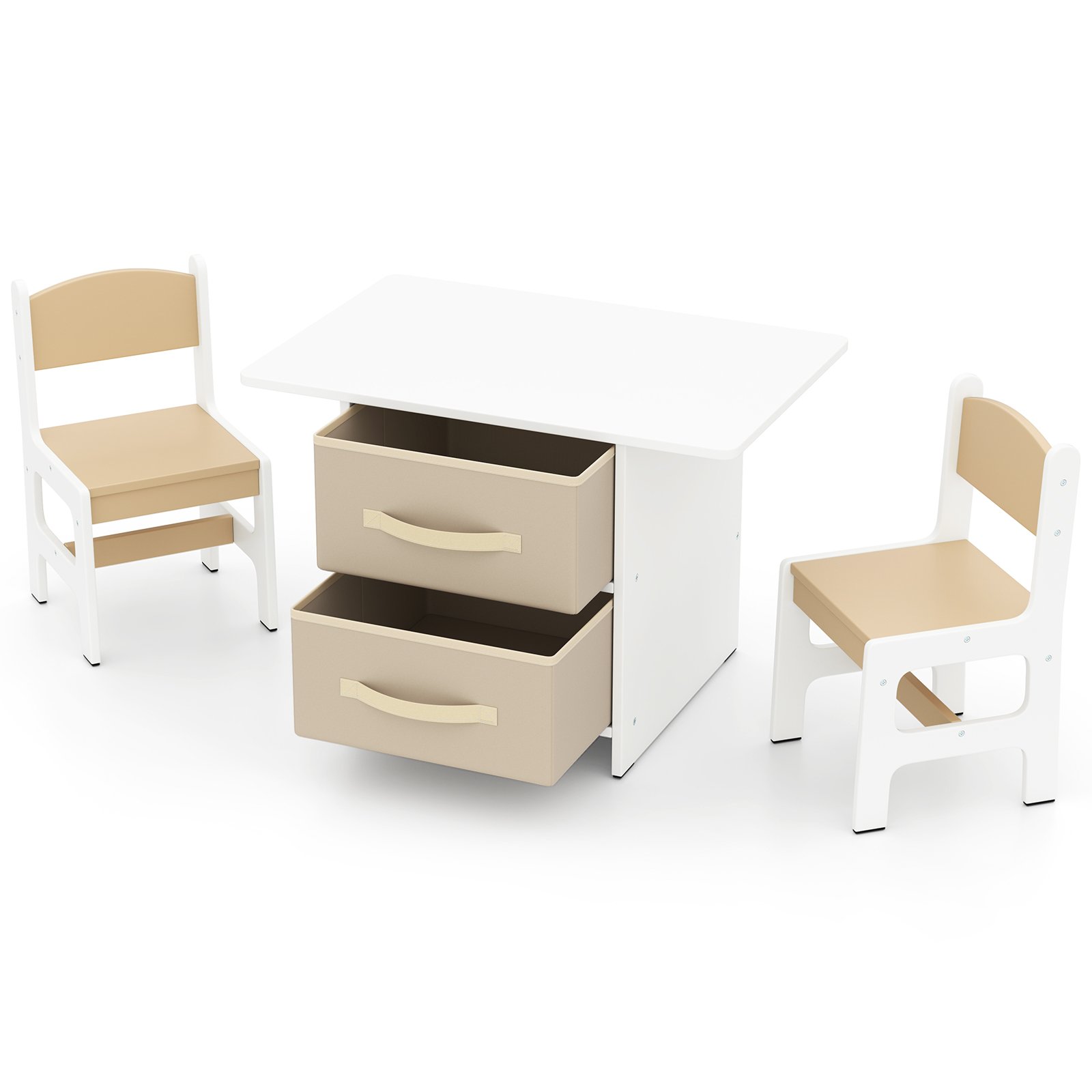 Kindertisch mit 2 Stühlen 3 TLG. Kindersitzgruppe aus Holz mit 2 abnehmbarem Körben Aktivitätstisch Maltisch Beige von Costway