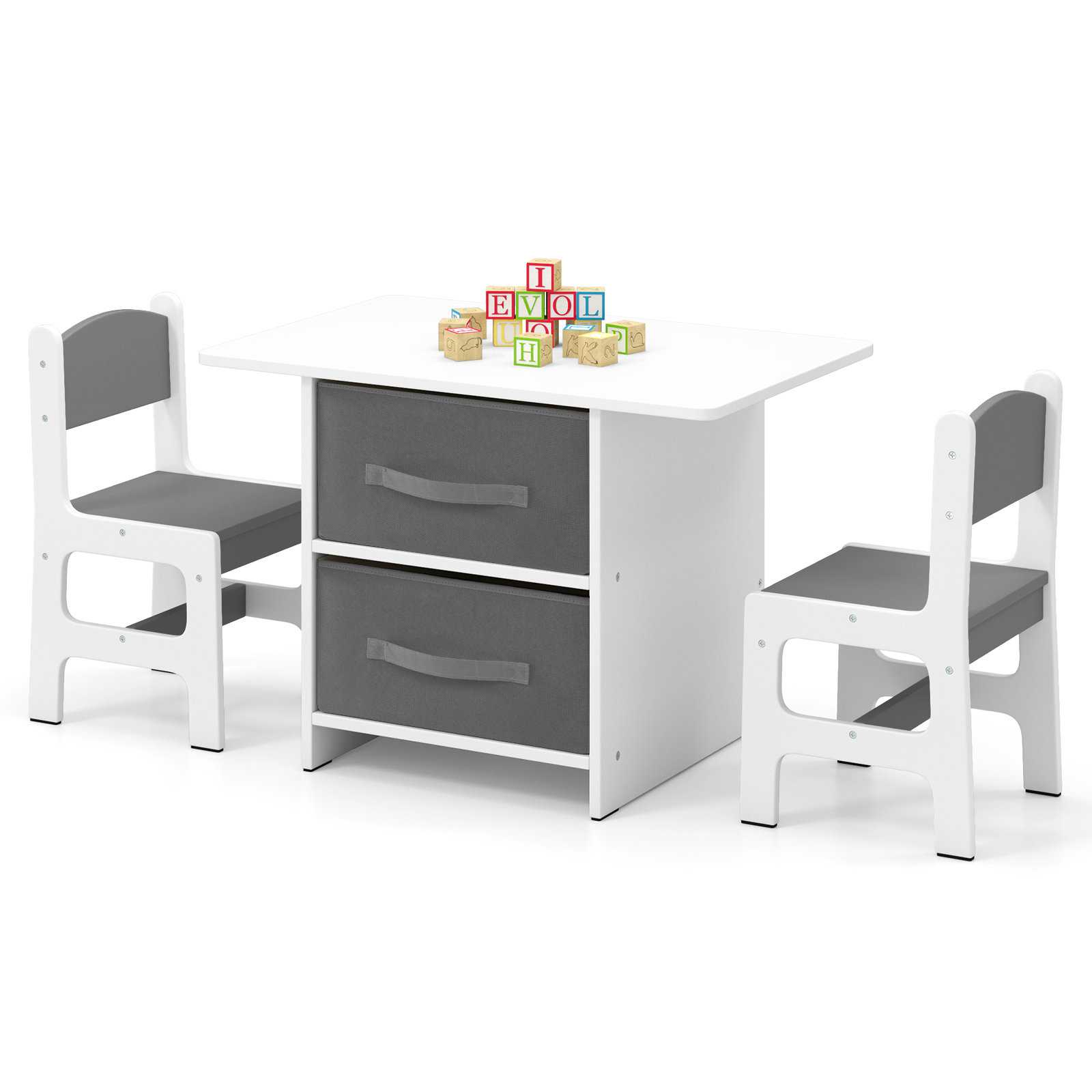 Kindertisch mit 2 Stühlen 3 TLG. Kindersitzgruppe aus Holz mit 2 abnehmbarem Körben Aktivitätstisch Maltisch Grau Kindertisch mit 2 Stühlen 3 TLG. Kindersitzgruppe aus Holz mit 2 abnehmbarem Körben Aktivitätstisch Maltisch Grau von Costway