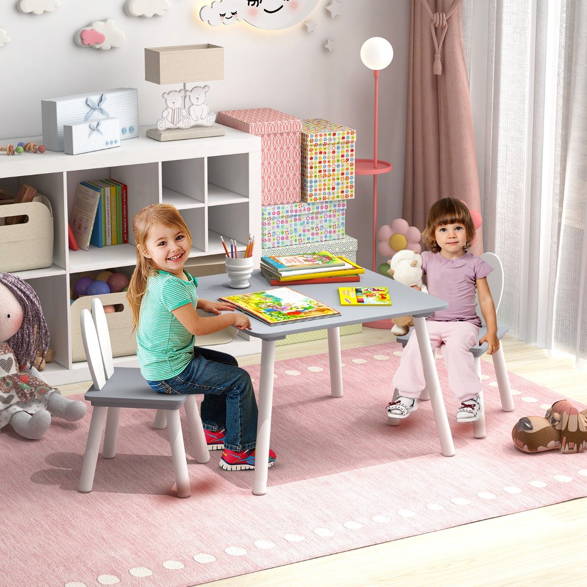Kindertisch mit 2 Stühlen 3 TLG. Kindersitzgruppe mit Massivholzbeine Grau Kindertisch mit 2 Stühlen 3 TLG. Kindersitzgruppe mit Massivholzbeine Grau von Costway