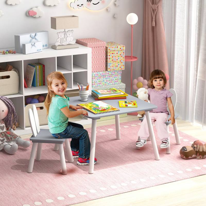 Kindertisch mit 2 Stühlen 3 TLG. Kindersitzgruppe mit Massivholzbeine Grau von Costway