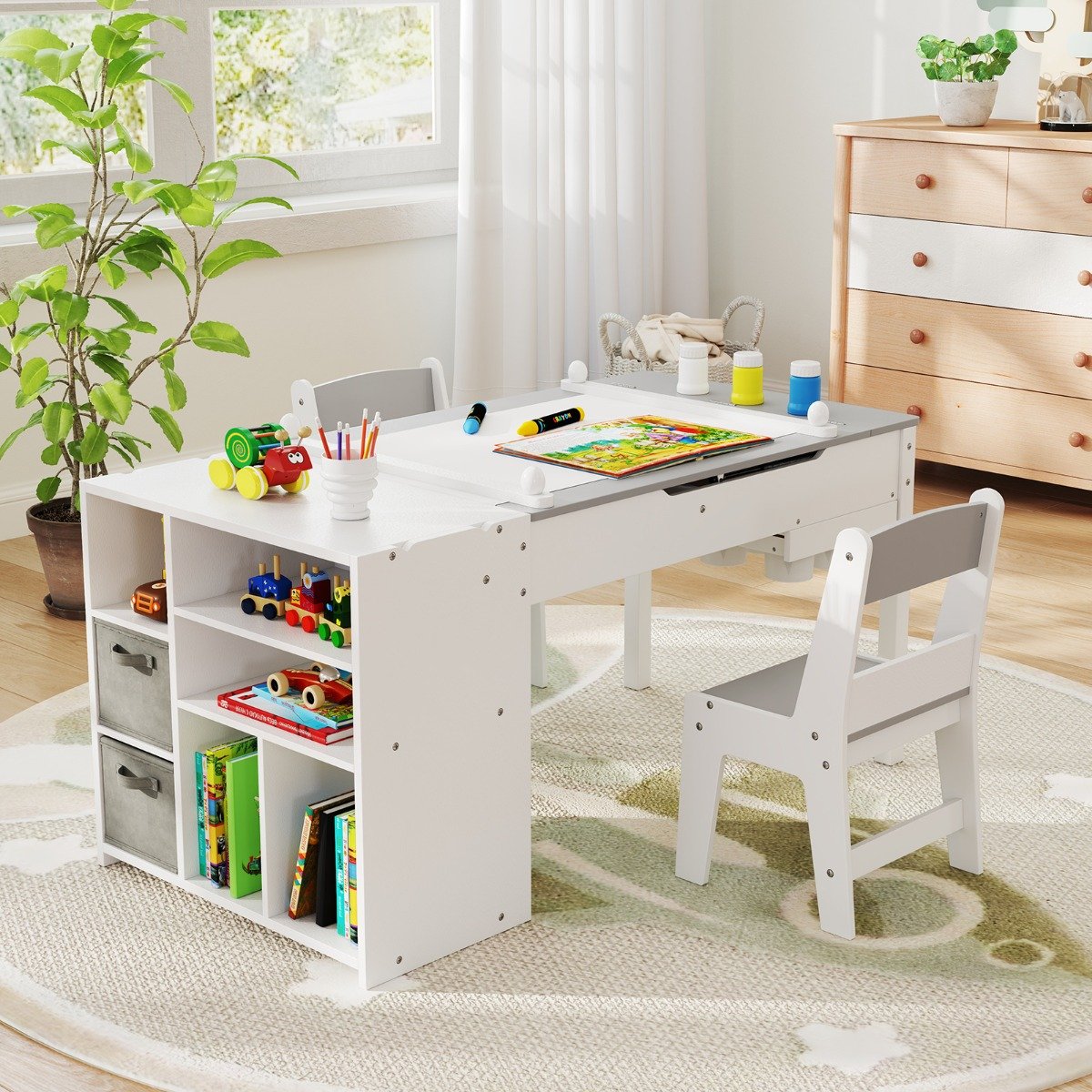 Kindertisch mit 2 Stühlen 3 in 1 Maltisch Holz Kindersitzgruppe mit anhebbarer Tischplatte Grau von Costway