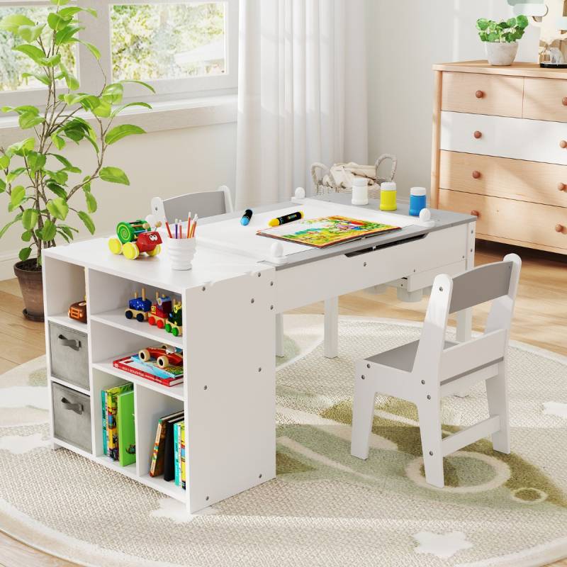Kindertisch mit 2 Stühlen 3 in 1 Maltisch Holz Kindersitzgruppe mit anhebbarer Tischplatte Grau von Costway