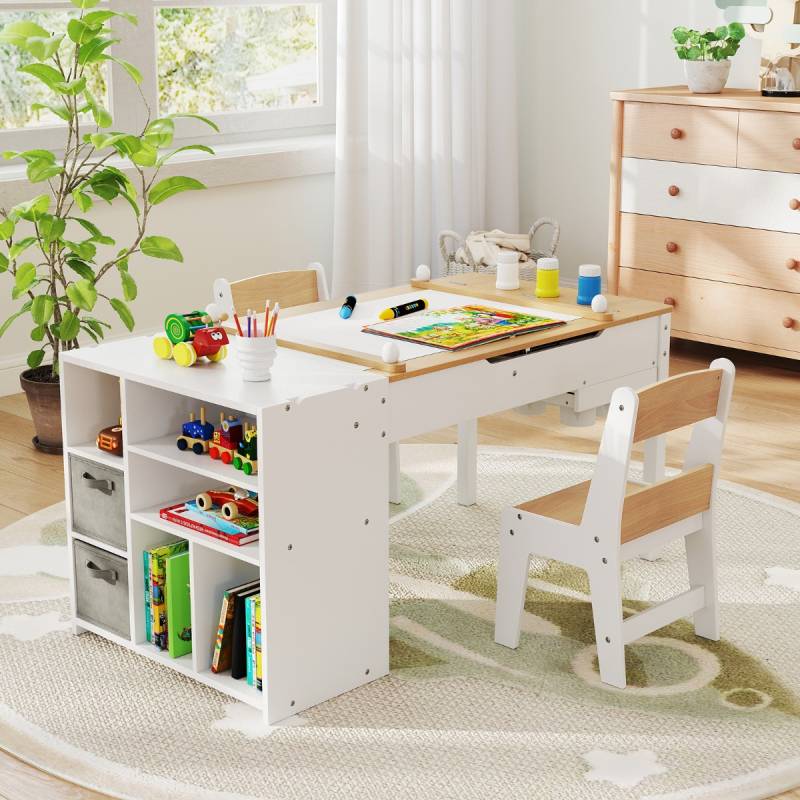 Kindertisch mit 2 Stühlen 3 in 1 Maltisch Holz Kindersitzgruppe mit anhebbarer Tischplatte Natur von Costway