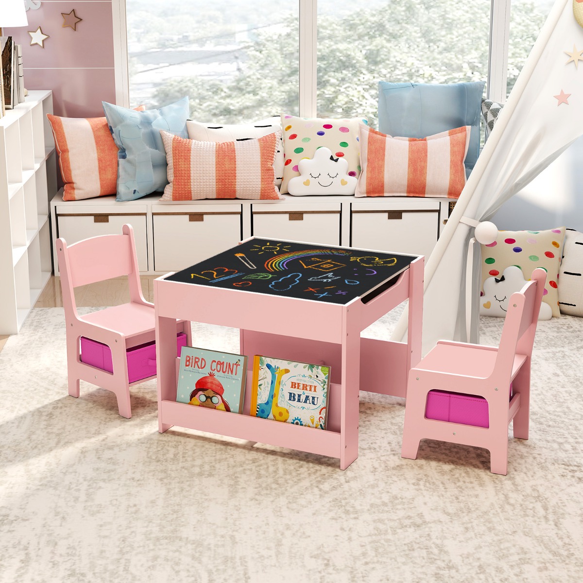 Kindertisch mit 2 Stühlen & Wendbarer Tischplatte & Bücherregalen 3 Teilige Kindersitzgruppe Weiß + Rosa Kindertisch mit 2 Stühlen & Wendbarer Tischplatte & Bücherregalen 3 Teilige Kindersitzgruppe Weiß + Rosa von Costway
