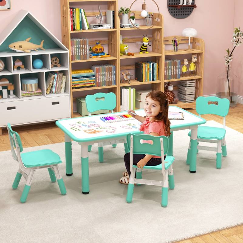 Kindertisch mit 4 Stühlen Set mit Graffiti-Tischplatte Höhenverstellbare Kindersitzgruppe Grün von Costway