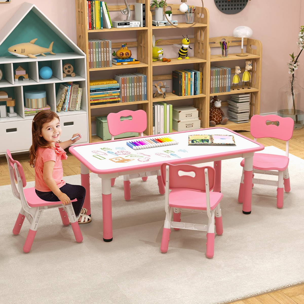 Kindertisch mit 4 Stühlen Set mit Graffiti-Tischplatte Höhenverstellbare Kindersitzgruppe Rosa Kindertisch mit 4 Stühlen Set mit Graffiti-Tischplatte Höhenverstellbare Kindersitzgruppe Rosa von Costway