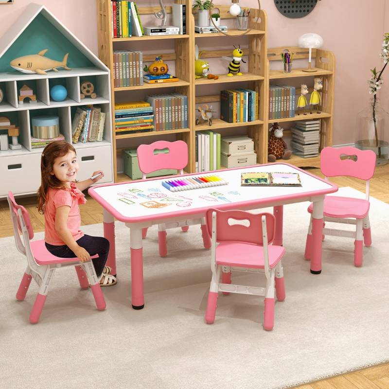 Kindertisch mit 4 Stühlen Set mit Graffiti-Tischplatte Höhenverstellbare Kindersitzgruppe Rosa von Costway