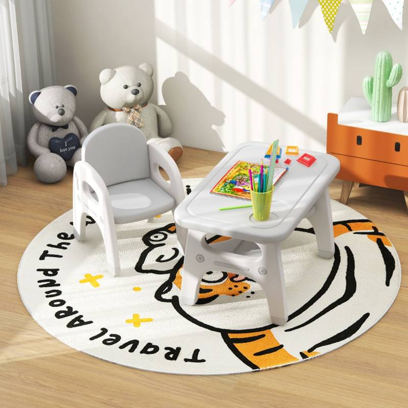 Kindertisch mit Stuhl Kindersitzgruppe mit Bauklötze & Ablage Kinder Tisch Stuhl Set Grau von Costway