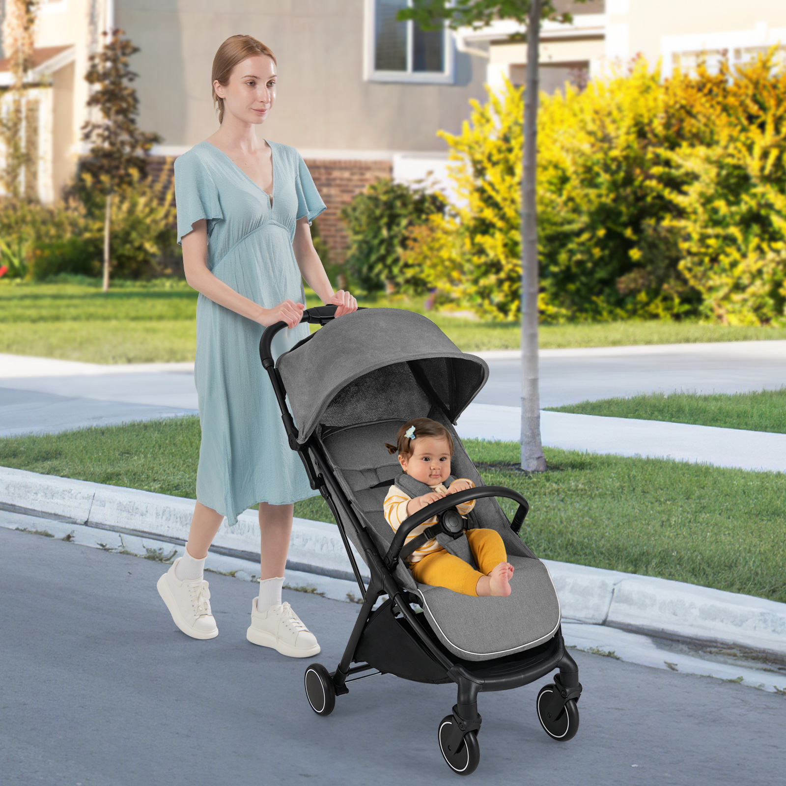 Kinderwagen klappbar Reisebuggy mit Liegefunktion Kinderbuggy tragbar mit verstellbarer Rückenlehne bis 15 kg Belastbar Grau von Costway