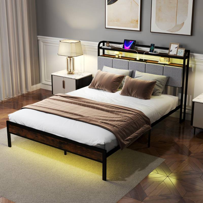 Kingsize Bettrahmen mit LED-Licht & Ladestation & Gepolstertem Kopfteil Metallgestell Bettgestell von Costway