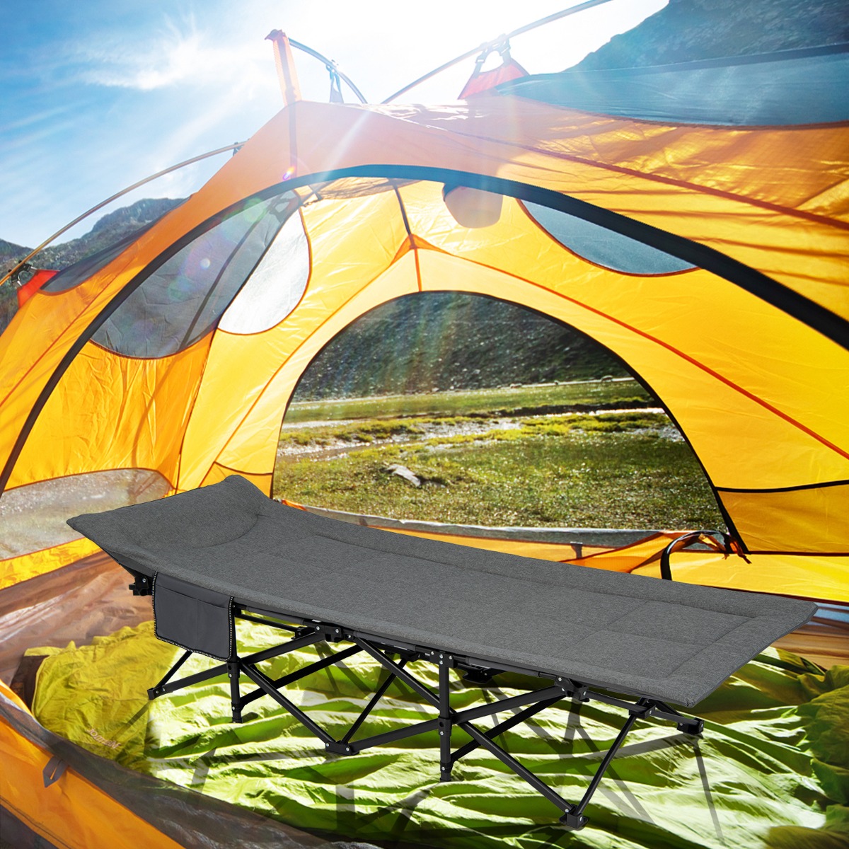 Klappbare Campingliege mit Seitentasche Feldbett bis 200 kg Belastbar Gästebett Grau von Costway