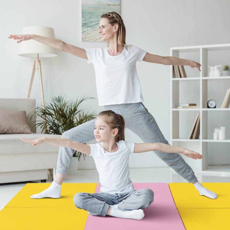 Klappbare Weichbodenmatte mit 2 Griffen Rutschfeste Gymnastikmatte 180 x 60 x 5 cm Rosa + Gelb von Costway