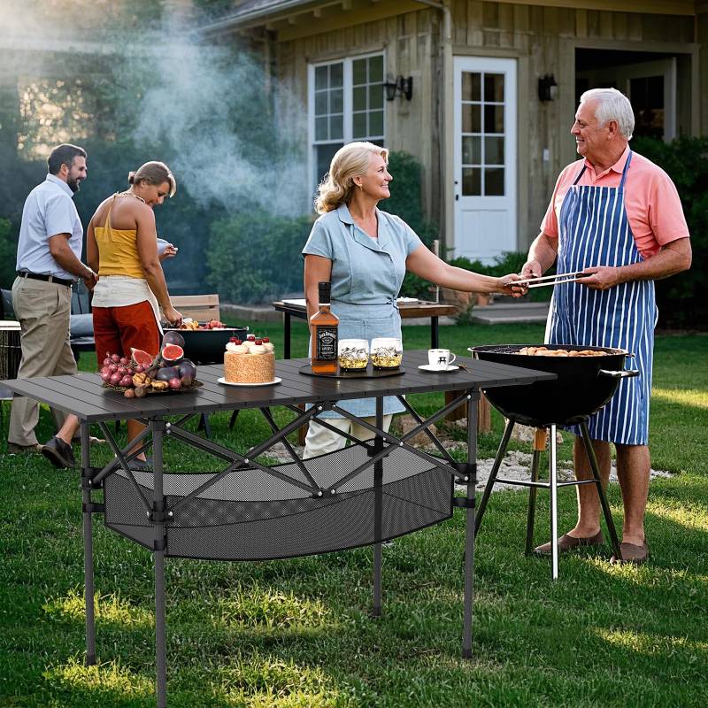 Klappbarer Campingtisch mit Aufrollbarer Aluminium-Tischplatte & Netzkorb Klapptisch Schwarz von Costway