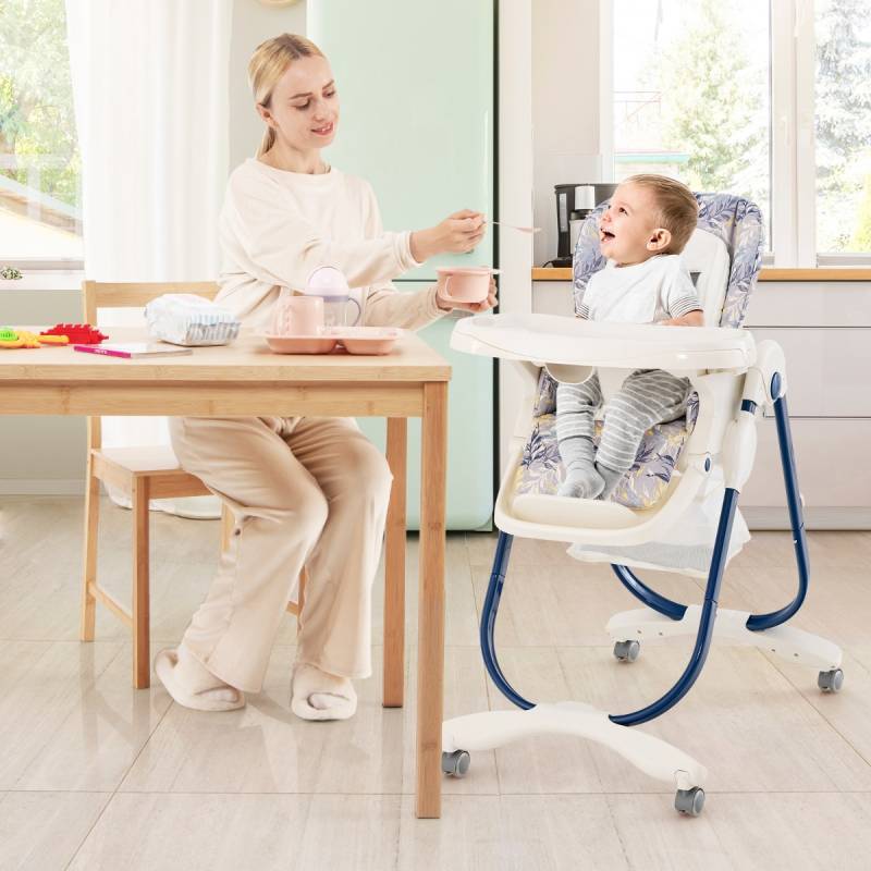 Klappbarer Hochstuhl mit Rädern & Verstellbarer Höhe & Fußstütze & Rückenlehne Babysitz Marineblau von Costway