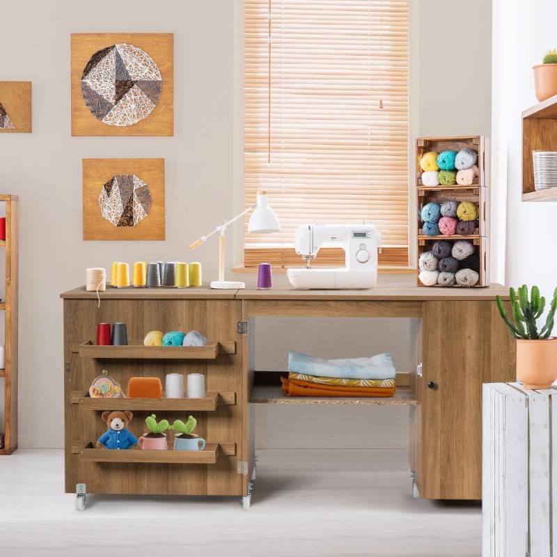 Klappbarer Nähtisch vielseitiger Basteltisch mit breiter Arbeitsplatte 158 x 50 x 75 cm Braun von Costway