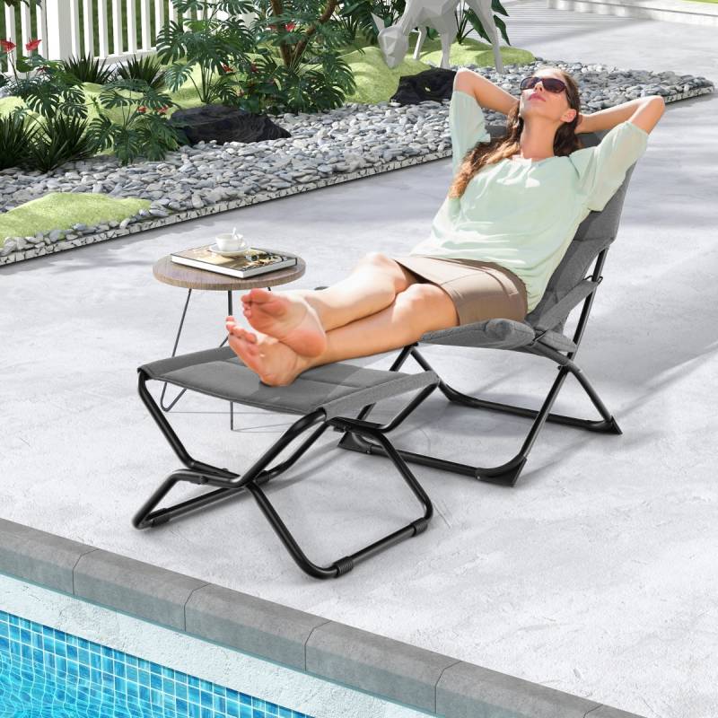 Klappbarer Terrassenstuhl mit Ottomane & Abnehmbaren Kissen Outdoor Liege Grau von Costway