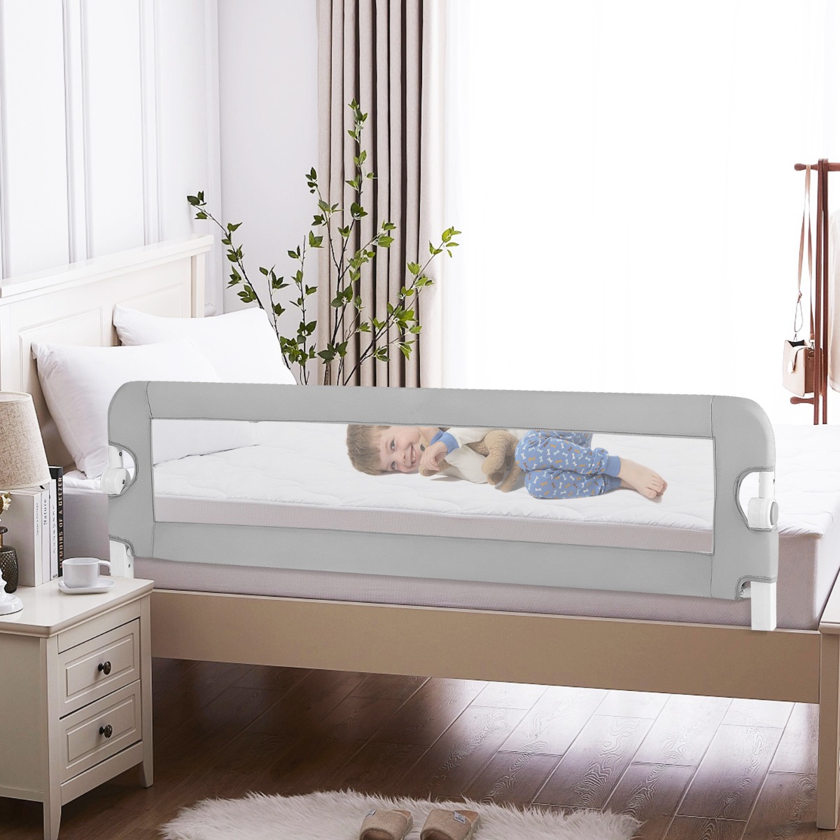Klappbares Sicherheitsgitter für Kinderbetten mit Verstellbaren Riemen 150x40,5x42 cm Grau von Costway