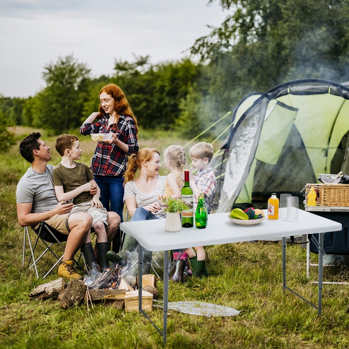 Klapptisch Zweifach Zusammenklappbarer Picknicktisch mit  Höhenverstellung Weiß von Costway