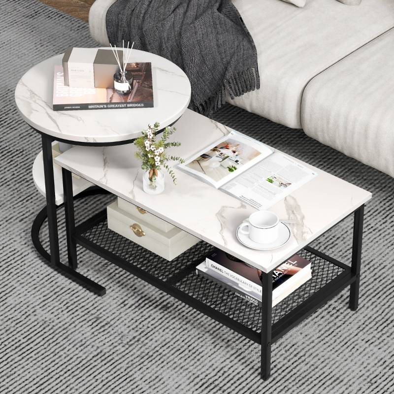 Kombinierbare Couchtische 2-teiliges Kaffeetisch-Set mit Kunstmarmorplatte Weiß und Schwarz von Costway