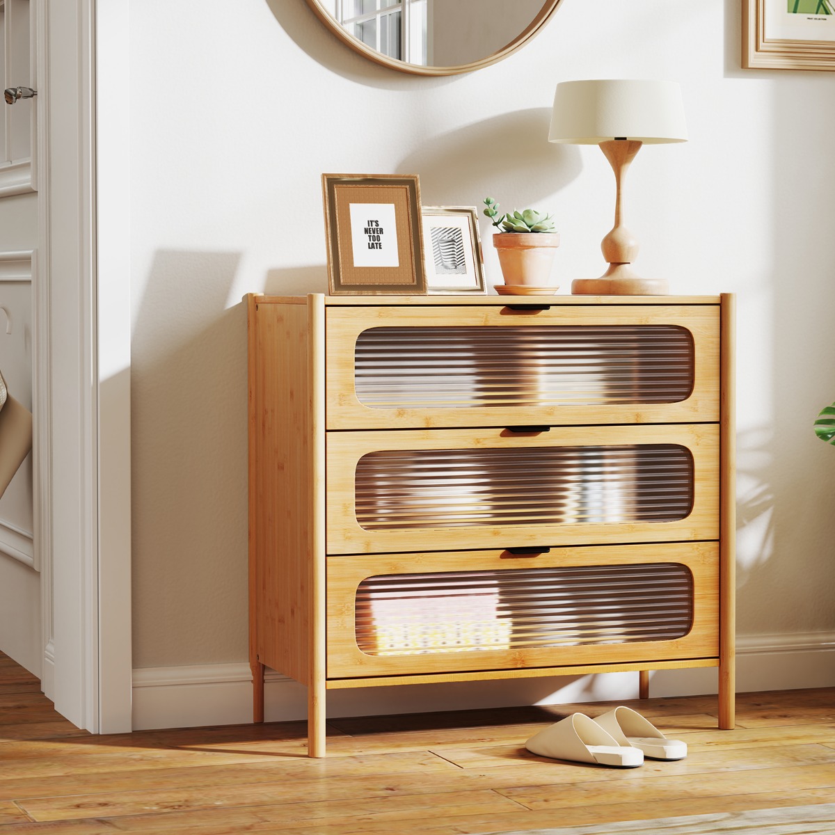 Kommode mit 3 Schubladen Sideboard aus Bambus & Gehärtetes Glas Natur 80 x 40 x 78,5 cm Kommode mit 3 Schubladen Sideboard aus Bambus & Gehärtetes Glas Natur 80 x 40 x 78,5 cm von Costway