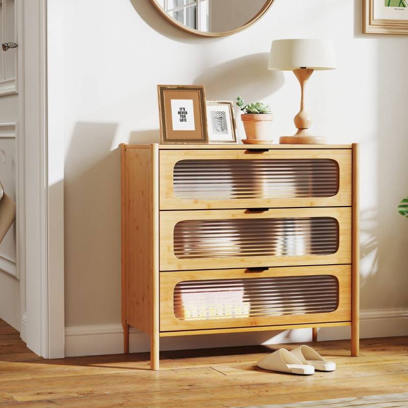 Kommode mit 3 Schubladen Sideboard aus Bambus & Gehärtetes Glas Natur 80 x 40 x 78,5 cm von Costway