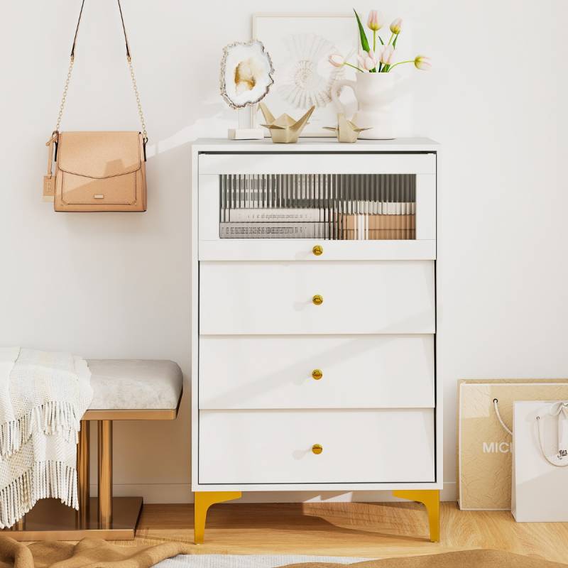 Kommode mit 3 Schubladen Sideboard mit hochklappbarer Glastür Aufbewahrungsschrank Weiß von Costway