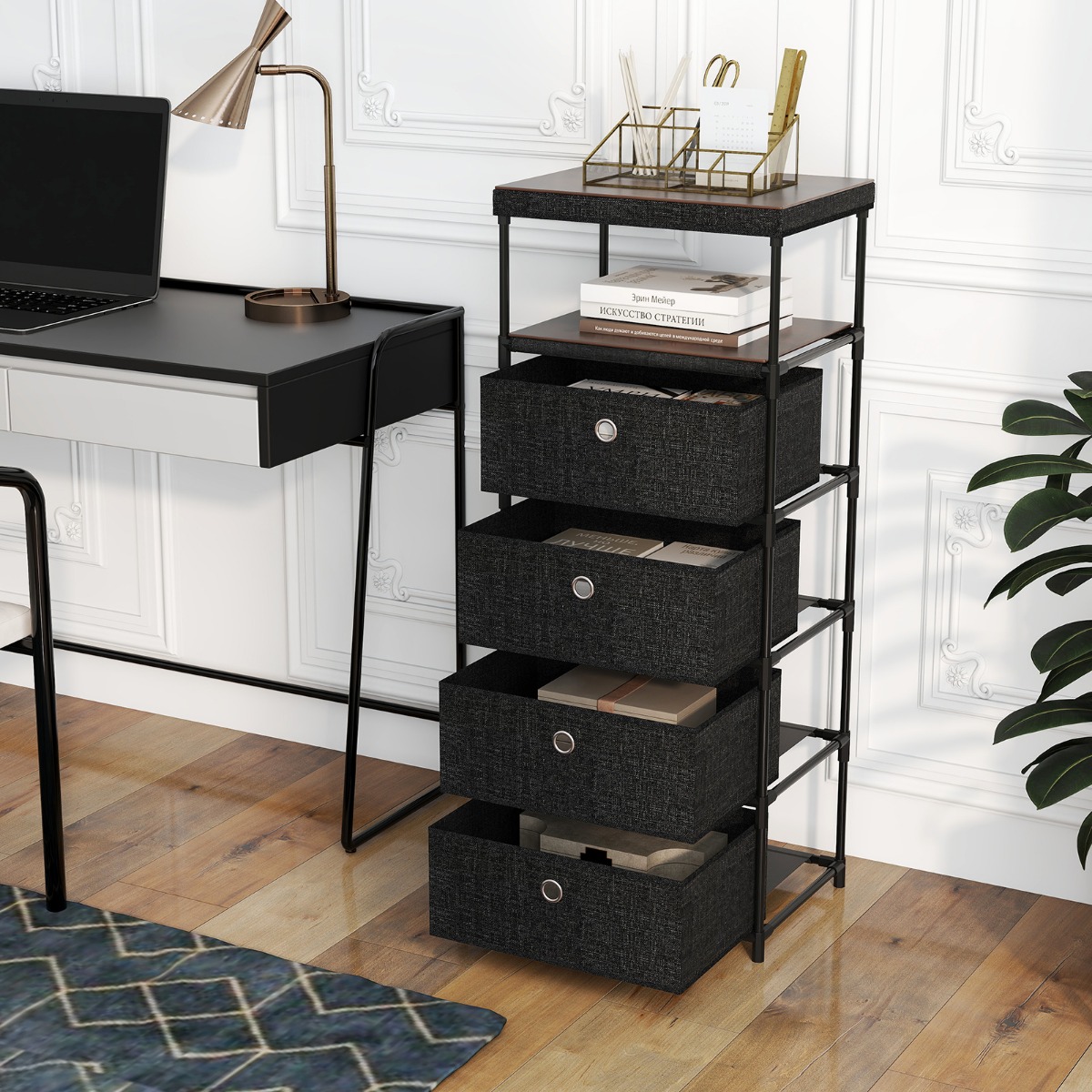 Kommode mit 4 Schubladen Stoffkommode mit Holzplatte Ablage klappbaren Stoffschubladen von Costway