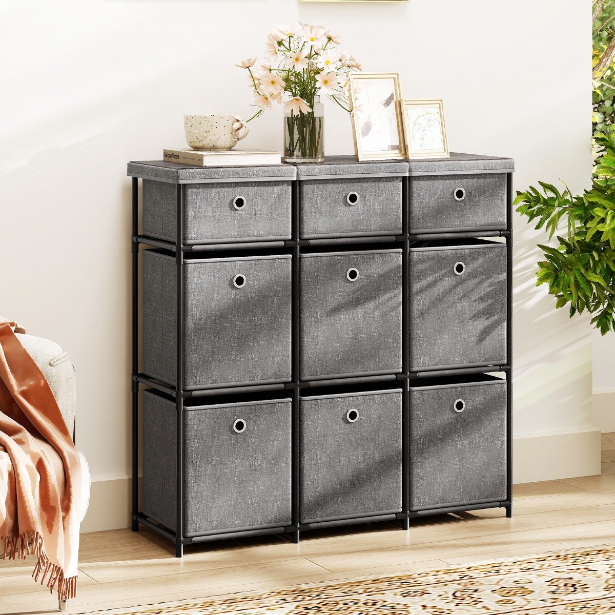 Kommode mit Schubladen Aufbewahrungstisch mit Metallrahmen und klappbaren Stoffbehältern 87 x 29 x 84 cm Grau Kommode mit Schubladen Aufbewahrungstisch mit Metallrahmen und klappbaren Stoffbehältern 87 x 29 x 84 cm Grau von Costway