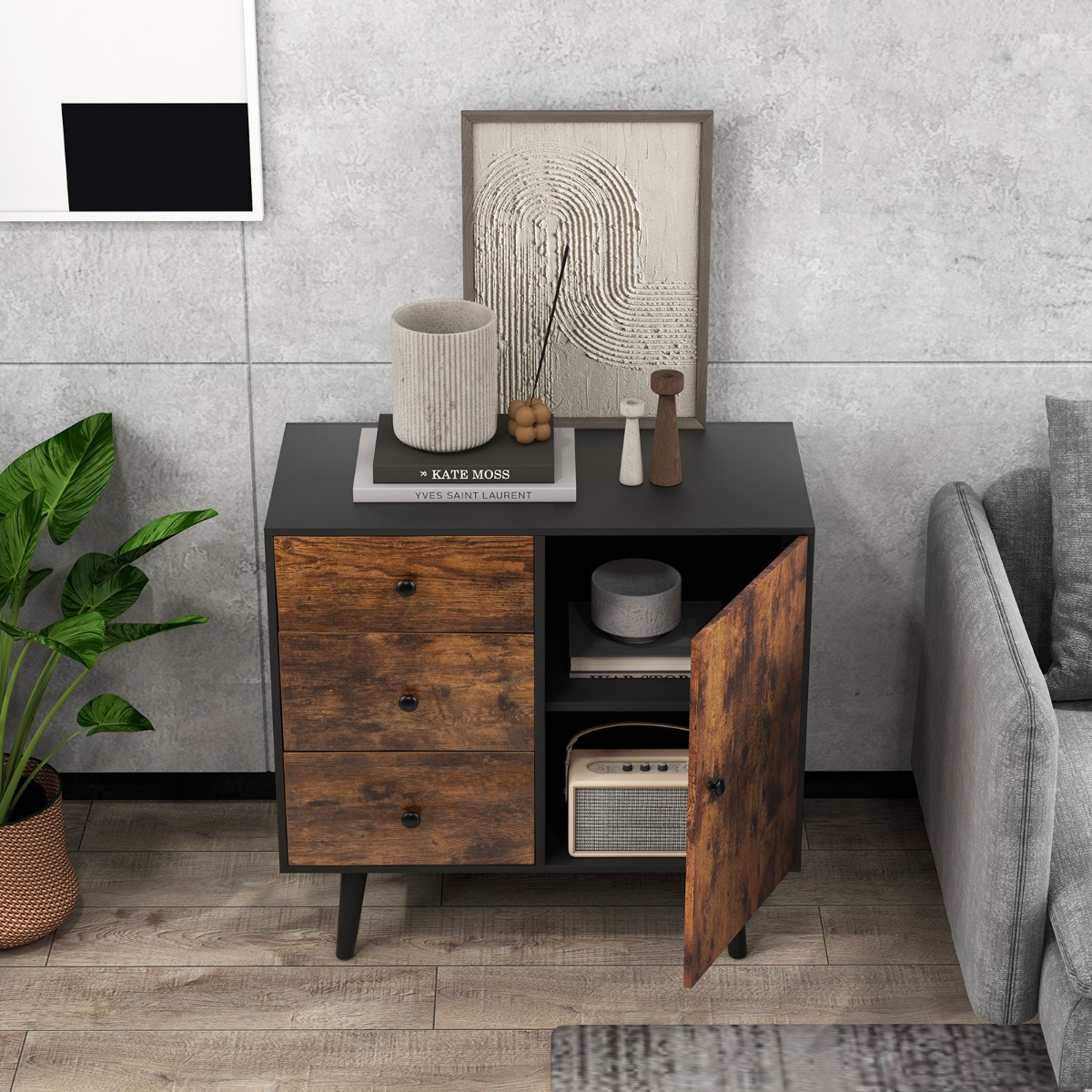 Kommode mit Tür & 3 Schubladen & Verstellbarem Regal & Kippschutz Sideboard 73 x 40 x 76,5 cm von Costway