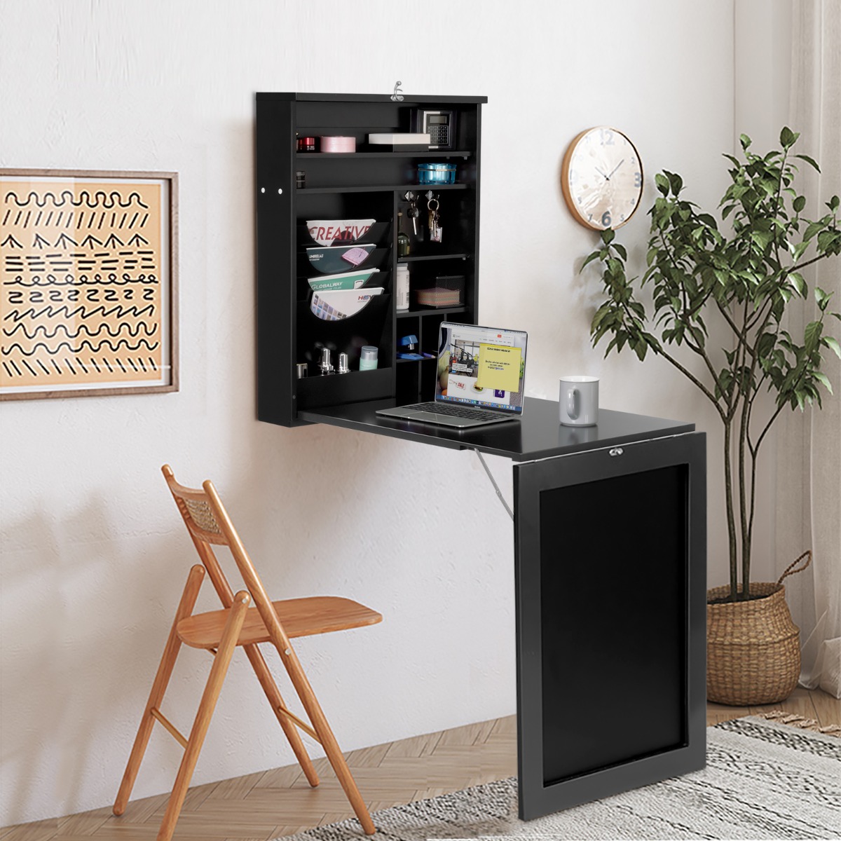 Kompakter klappbarer wandmontierter Tisch mit großem Stauraum Multifunktions Computertisch Schwarz von Costway