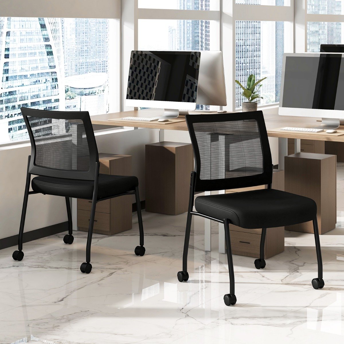 Konferenzstühle 2er Set stapelbare Besucherstühle mit Rollen armlose Stapelstühle für Büro Schwarz von Costway