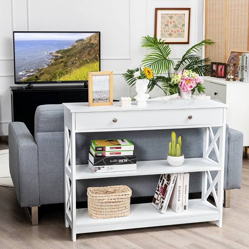 Konsolentisch 3-Stufiger Aufbewahrungsregal mit 1 Schublade und 2 Ablageflächen 100 x 30 x 80 cm Weiß von Costway