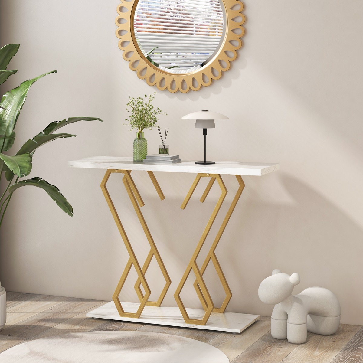 Konsolentisch aus Kunstmarmor Foyertisch mit Verstellbaren Fußpolstern Weiß und Gold Konsolentisch aus Kunstmarmor Foyertisch mit Verstellbaren Fußpolstern Weiß und Gold von Costway