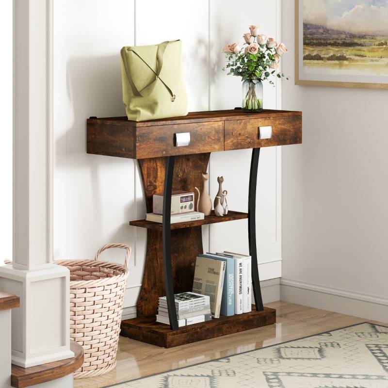 Konsolentisch mit 2 Schubladen Eingangstisch aus Holz mit 2 Ablagen 91 x 30 x 87 cm Rustikales Braun von Costway